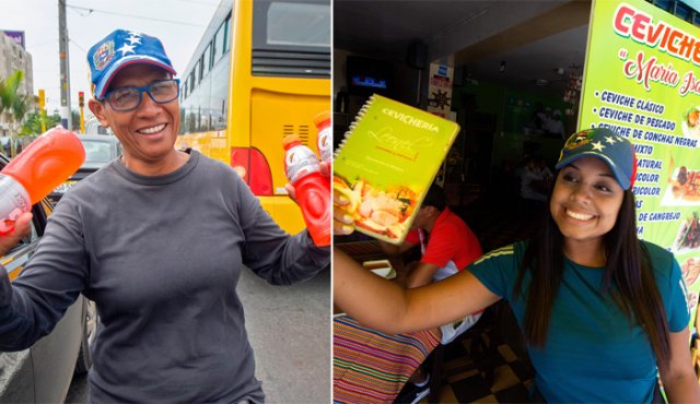 La venezolana Mari Alvarez (izquierda) vende bebidas frías mientras que los vehículos se detienen en un semáforo en Lima. Su compatriota Liriannys Antoima llama a los transeúntes a un restaurante donde trabaja como mesera, también en Lima. AFP