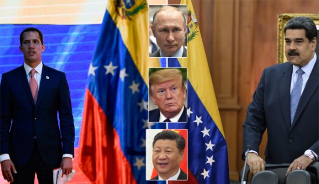 (En el centro, de arriba abajo) Vladimir Putin, Xi Jinping y Donald Trump, los líderes de Rusia, EEUU y China. A lado izquierdo, Juan Guaidó, presidente interino; y al lado derecho, Nicolás Maduro, presidente electo el año pasado. AFP