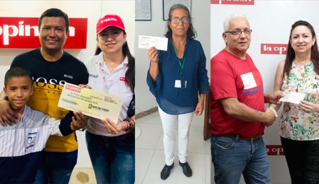 Harold Casas y su hijo Juan Sebastián recibieron el cheque que ganó Sandra Milena Quintero. María Dolores Vacca Picón compró y llenó el cupón en Ocaña. Carlos A. Galvis recibió el cheque de manos de Julia Lozada, administradora de La Opinión. La Opinión