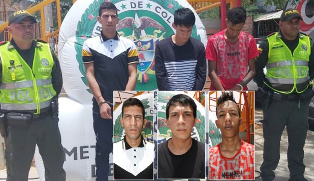 Félix David Mendoza Miranda fue recapturado por la Policía, otros dos hombres cayeron en poder de las autoridades policiales por porte ilegal de armas. (De izquierda a derecha) Johan Camilo Pino, Darley González y Félix David Mendoza. Policía Nacional