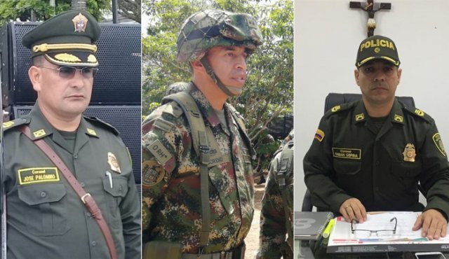El coronel José Luis Palomino, comandante de la Policía Metropolitana de Cúcuta; el general Mauricio Moreno, comandante de la Segunda División del Ejército; y el coronel Fabián Ospina Gutiérrez, comandante de la Policía de Norte de Santander. La Opinión