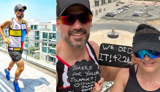 Collin e Hilda Allin después de haber corrido una distancia de 42.2 kilómetros (26 millas) en su balcón, en Dubai, durante las medidas de confinamiento contra el COVID-19. AFP