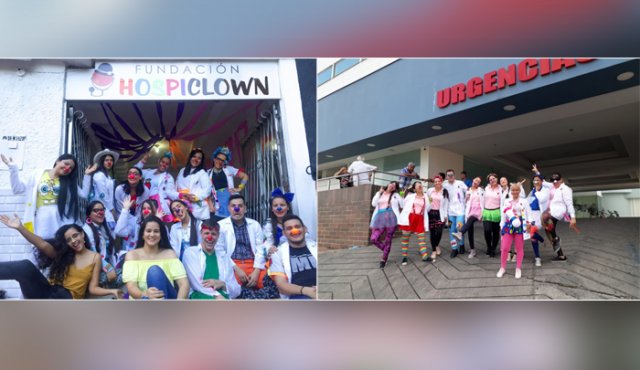 Hospiclown (izquierda) cuenta con 30 integrantes. En medio de la pandemia desarrolla la campaña ‘Sonrisas por alimentos’ y cuenta cuentos en Facebook para los pacientes pediátricos. Happy Clown por un Sueño lleva musicoterapia y risoterapia desde afuera de los centros médicos a los niños hospitalizados. Cortesía