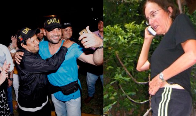 Carlos Melo y Diego D’Pablos, corresponsales de Noticias RCN, en Norte de Santander, se abrazan al ser recibidos por sus familiares. Salud Hernández, periodita colombo-española. Archivo