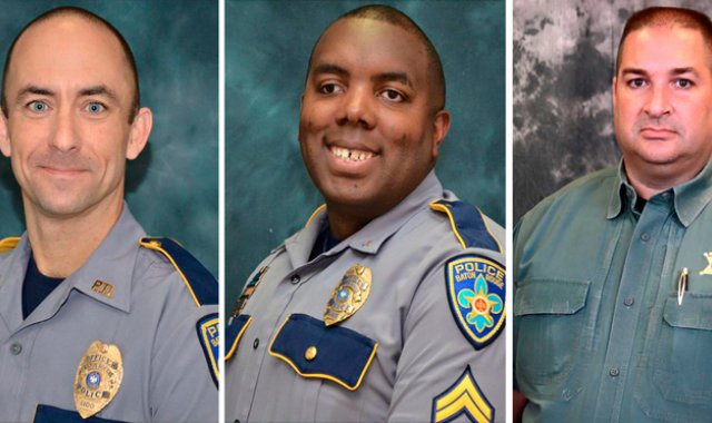 De izquierda a derecha: Los policías Mateo Gerald, Montrell Jackson y Brad Garafalo, asesinados el domingo. Archivo