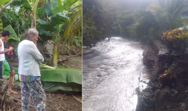 Las familias afectadas inspeccionan los daños en sus cultivos. El muro de contención del sector La Curva en el corregimiento Pueblo Nuevo quedó destruido. Cortesía