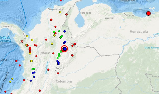 Mapa de ubicación, donde se ve el epicentro del sismo. Servicio Geológico colombiano.