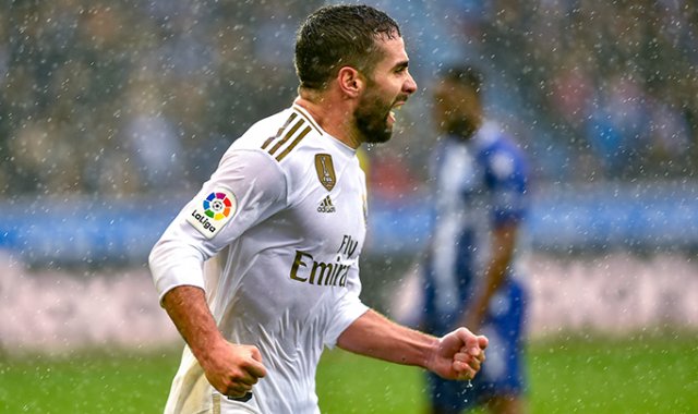 El Madrid anotó un gol que puede tener un peso importante al final del campeonato al empujar el lateral Dani Carvajal un balón suelto dentro del área pequeña tras rechace del poste. AFP