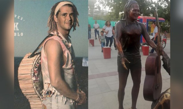 El artista se inspiró en esta fotografía de Carlos Vives en su época de rock. La escultura, dicen los cienagueros,  tiene senos y parece una mujer. Internet