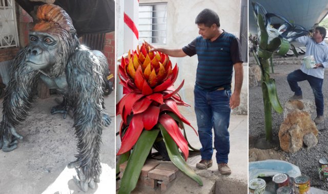 Las llantas viejas son la materia prima para las obras de Martín Antonio Gómez Velasco. Alfredo Estévez y Cortesía