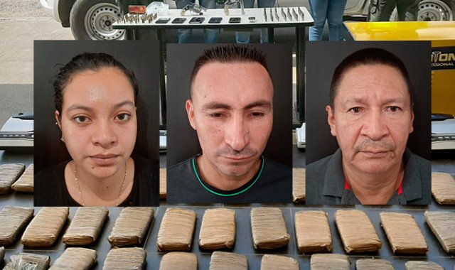 Celulares, armas, municiones, aparatos para el procesamiento y 50 kilos de marihuana crypi, hallaron las autoridades dentro de la casa. Andry Jhohana Ruiz, Edwin Avendaño y José Luis García. Policía Nacional