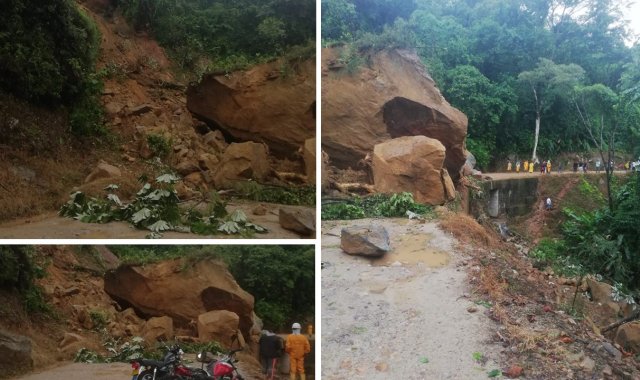 Una gran roca obstruye la carretera. Cortesía