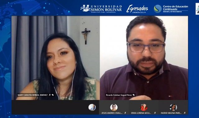 Mary Carlota Bernal Jiménez, profesora del programa académico de la Unisimón Cúcuta y Ricardo Seguel, conferencista invitado. Cortesía