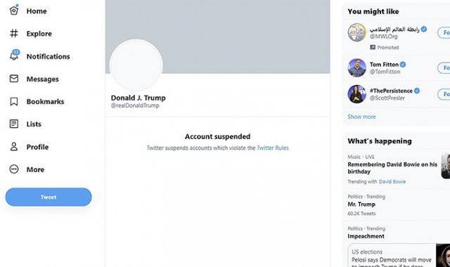 La decisión de Twitter fue tomada dos días después de que partidarios de Trump irrumpieran en el Capitolio de Washington en donde protagonizaron enfrentamientos con los agentes de seguridad y vandalizaron el edificio. AFP